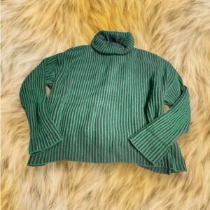 Zara knit Green Black Striped Turtleneck Sweater Size Med